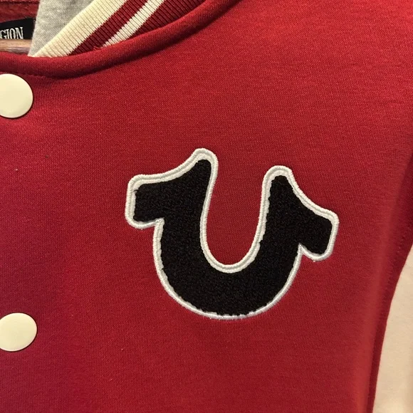 True Religion Red and Gray Hooded Fleece Varsity Jacket-Size Medium NWT😀 - Picture 2 of 4